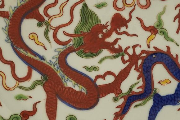 京都祇園會拍賣明 大明萬歷年制 五彩雙龍盤 日本桐箱附 本物保證