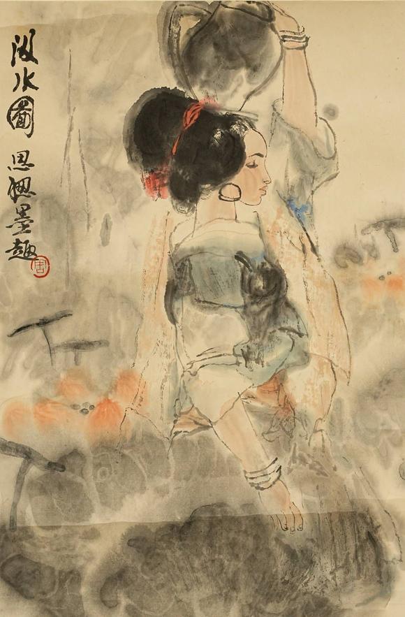 京都祇園會拍賣周思聰 汲水圖 紙本鏡心