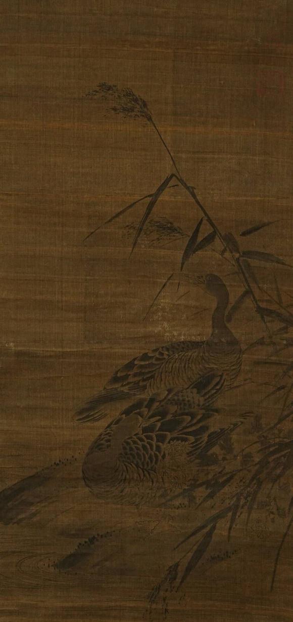京都祇園會拍賣牧溪畫 蘇東坡蘆雁圖三幅 絹本掛軸 日本桐箱附 日本古裂裝裱 鷹見游山舊藏 出版著錄附