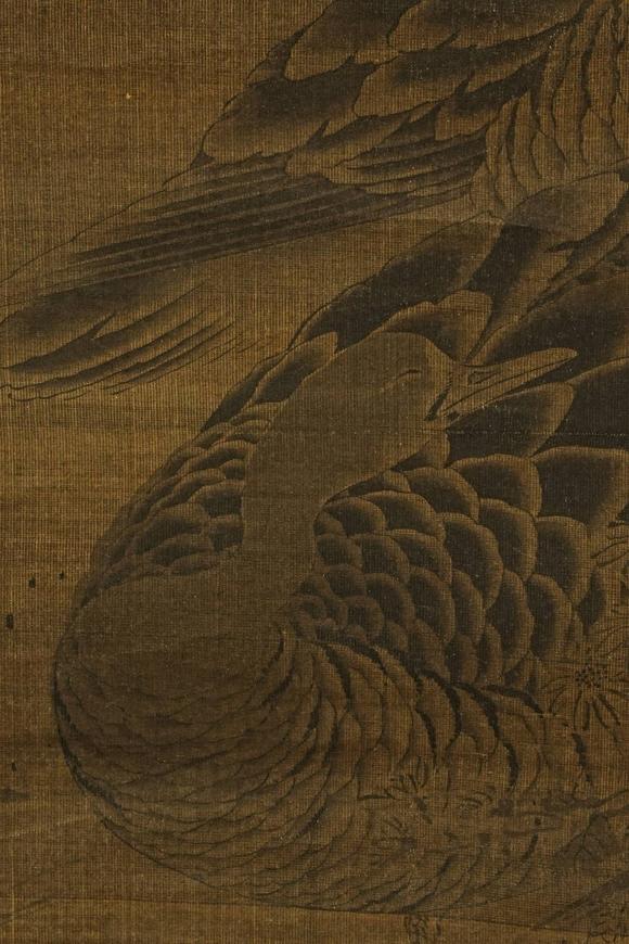 京都祇園會拍賣牧溪畫 蘇東坡蘆雁圖三幅 絹本掛軸 日本桐箱附 日本古裂裝裱 鷹見游山舊藏 出版著錄附