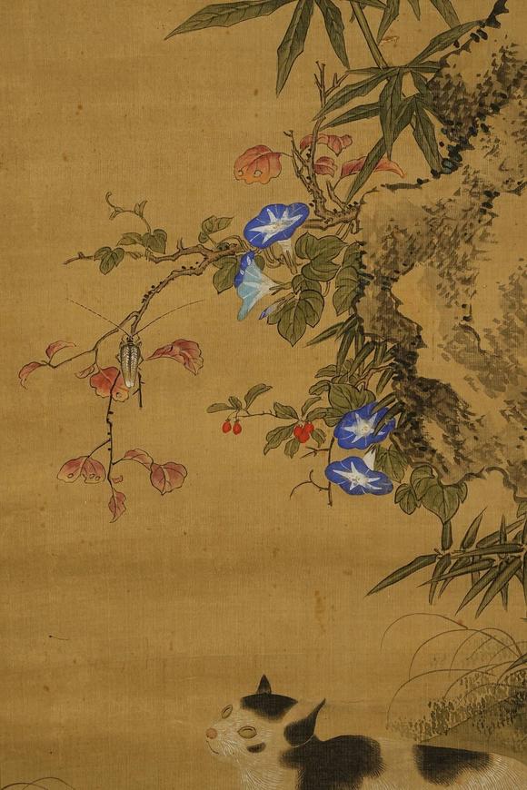 京都祇園會拍賣沈銓 朝顔に子貓図 絹本掛軸 日本桐箱附 日本古裂裝裱 鷹見遊山舊藏 出版著錄附