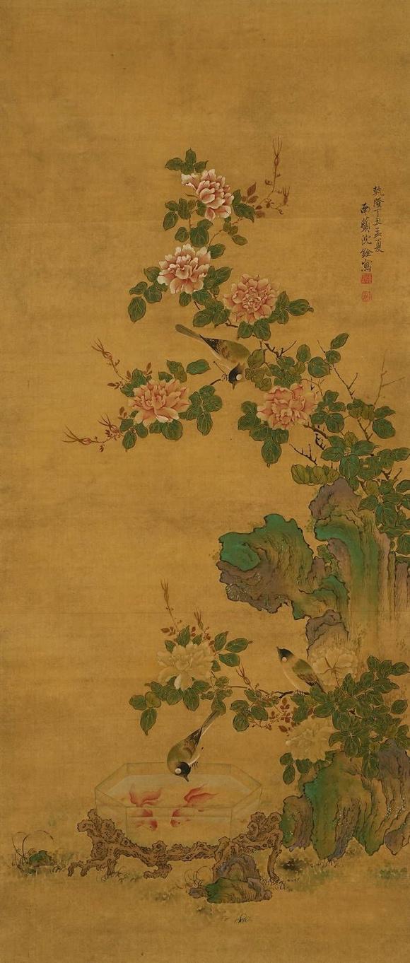 京都祇園會(huì)拍賣(mài)沈銓 花鳥(niǎo)圖 絹本掛軸 日本朱漆手書(shū)箱附 日本古裂裝裱 鷹見(jiàn)游山舊藏 出版著錄附