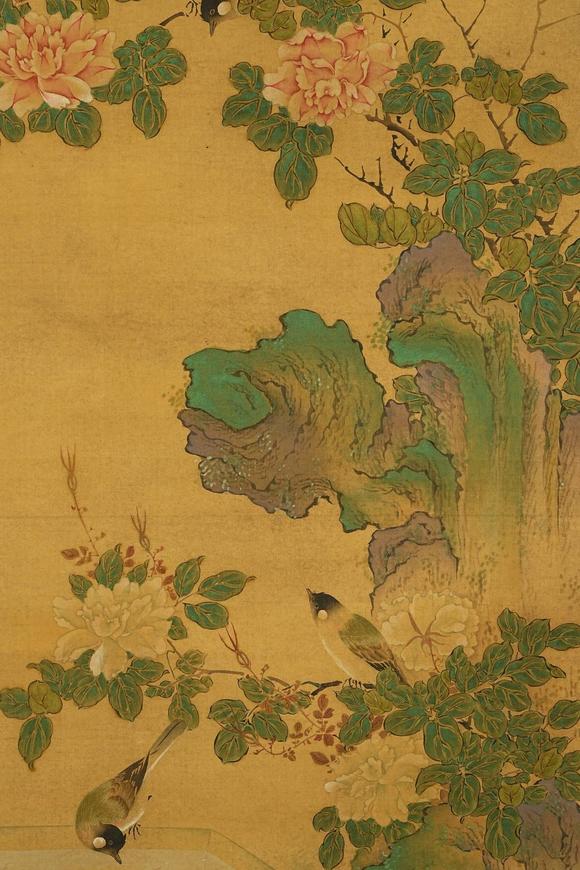 京都祇園會拍賣沈銓 花鳥圖 絹本掛軸 日本朱漆手書箱附 日本古裂裝裱 鷹見游山舊藏 出版著錄附