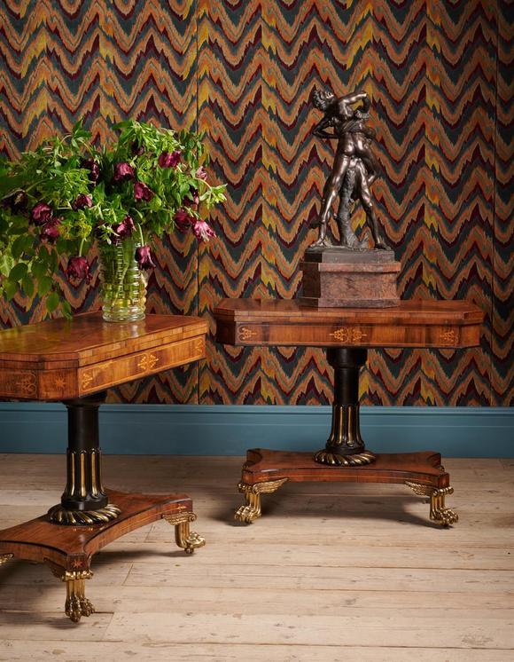 DreweattsY A PAIR OF REGENCY ROSEWOOD, SATINWOOD CROSSBANDED AND BRONZE MOUNTED CARD TABLES, CIRCA 1820