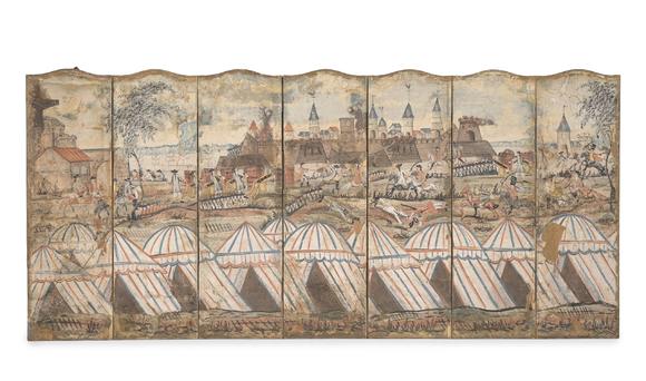 DreweattsA CONTINENTAL POLYCHROME PAINTED SEVEN FOLD ROOM SCREEN OF A BATTLEGROUND, 18TH CENTURY