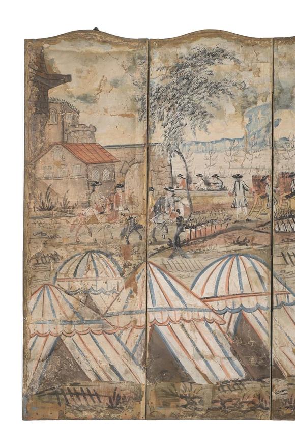 DreweattsA CONTINENTAL POLYCHROME PAINTED SEVEN FOLD ROOM SCREEN OF A BATTLEGROUND, 18TH CENTURY