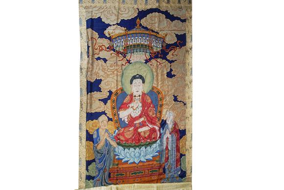 日本東海名古屋清乾隆緙絲佛與脅侍菩薩三聯(lián)幡