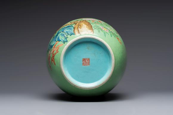 Rob Michiels AuctionsA Chinese famille rose sgraffiato lime-green-ground 'Birds among Flowering Branches' vase, Qianlong mark, 19th C.