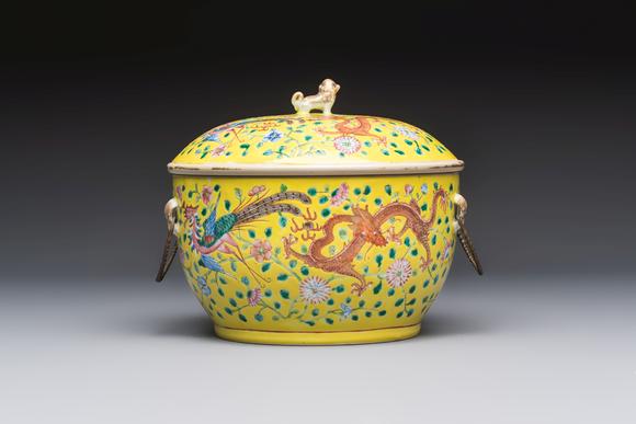 Rob Michiels AuctionsA pair of Chinese famille rose yellow-ground 'Dragon and Phoenix' covered warming bowls and a bowl, Tongzhi marks, 19th C.