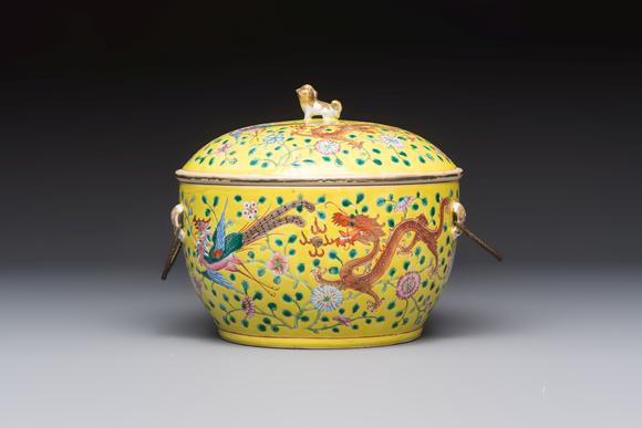 Rob Michiels AuctionsA pair of Chinese famille rose yellow-ground 'Dragon and Phoenix' covered warming bowls and a bowl, Tongzhi marks, 19th C.
