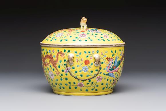 Rob Michiels AuctionsA pair of Chinese famille rose yellow-ground 'Dragon and Phoenix' covered warming bowls and a bowl, Tongzhi marks, 19th C.