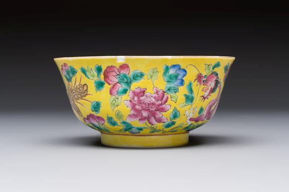 Rob Michiels AuctionsA pair of Chinese famille rose yellow-ground 'Dragon and Phoenix' covered warming bowls and a bowl, Tongzhi marks, 19th C.