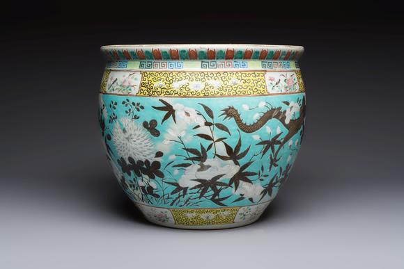 Rob Michiels AuctionsA Chinese famille rose turquoise-ground Dayazhai-style 'Dragons' fish bowl or jardinière, 19th C.