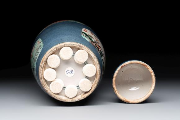 Rob Michiels AuctionsA Chinese famille verte powder-blue-ground 'Fish and Bird' vase and cover, 19th C.