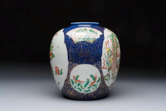 Rob Michiels AuctionsA Chinese famille verte gilt-decorated blue-ground 'Dragon and Phoenix' vase, Kangxi mark, 19th C.