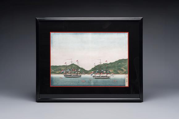 Rob Michiels AuctionsKawahara Keiga 川原慶賀 (Japan, 1786-1860): 'Two Dutch Vessels Anchored off Nagasaki Bay', gouache on silk, seal mark, 19th C.