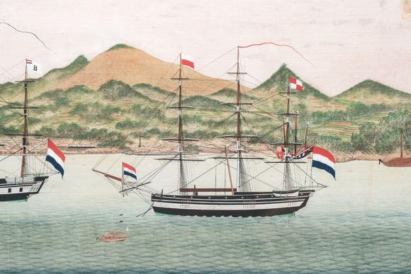 Rob Michiels AuctionsKawahara Keiga 川原慶賀 (Japan, 1786-1860): 'Two Dutch Vessels Anchored off Deshima Harbour', gouache on silk, seal mark, 19th C.