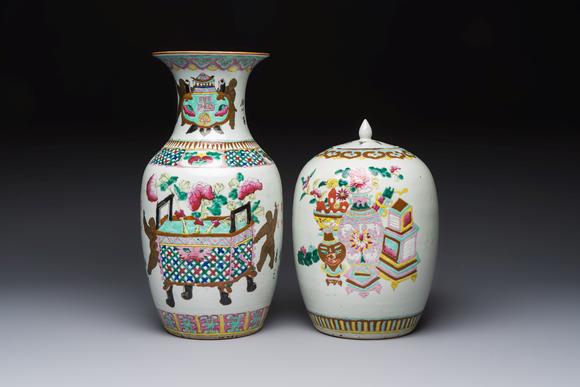Rob Michiels AuctionsA Chinese famille rose 'Antiquities' vase and a covered jar, 19th C.