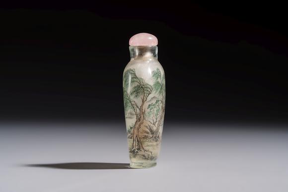 Rob Michiels AuctionsA Chinese inside-painted glass snuff bottle with two men wearing straw raincoats, dated 1911