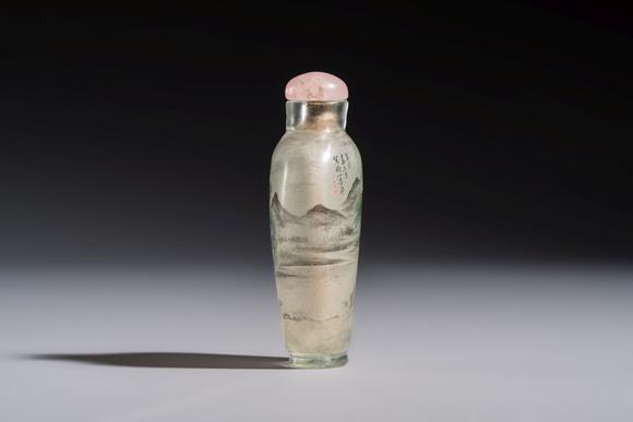 Rob Michiels AuctionsA Chinese inside-painted glass snuff bottle with two men wearing straw raincoats, dated 1911