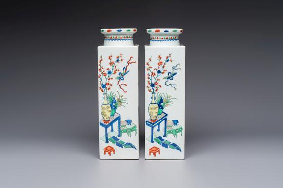 Rob Michiels AuctionsA pair of Chinese famille verte 'Antiquities' square vases, 19th C.