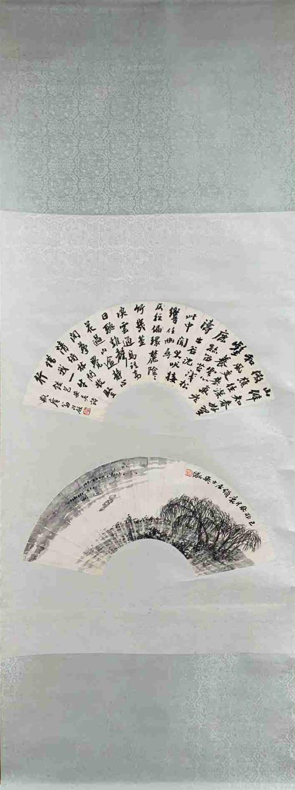 日本松町古美吳徵 翁同和 山水書法扇面雙挖