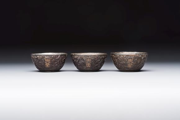 Rob Michiels AuctionsA group of 12 Chinese silver-lined coconut 'Shou 壽' bowls and cups, Wang Hengxin 王恆馨 marks, 19/20th C.