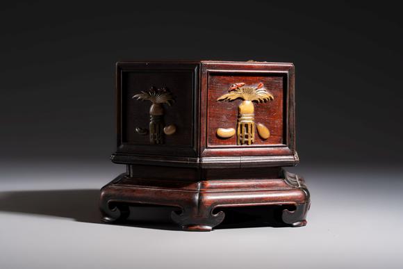 Rob Michiels AuctionsA Chinese soapstone-embellished hongmu 'Antiquities' box and cover, 19th C.