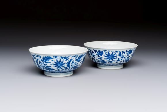 Rob Michiels AuctionsA pair of Chinese blue and white 'lotus scroll' bowls, Yongzheng mark and of the period