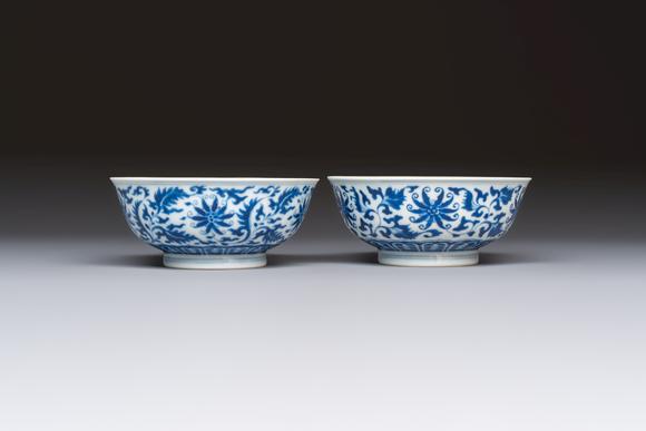Rob Michiels AuctionsA pair of Chinese blue and white 'lotus scroll' bowls, Yongzheng mark and of the period