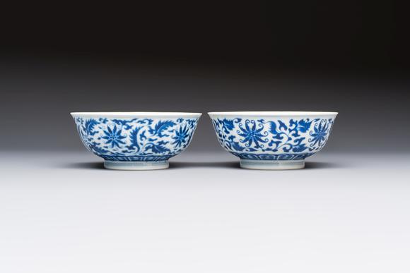 Rob Michiels AuctionsA pair of Chinese blue and white 'lotus scroll' bowls, Yongzheng mark and of the period