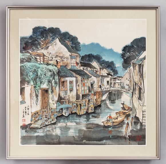 東京中央黃幻吾（1906-1985） 嶺南山水扇面、孫心華（1945-） 水鄉(xiāng)人家