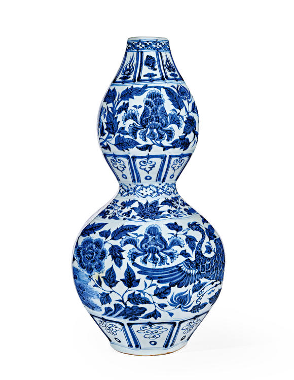 中古陶元 青花孔雀牡丹紋八方葫蘆瓶