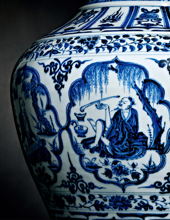 中古陶元 青花《八賢共隱》八開光闊口大罐