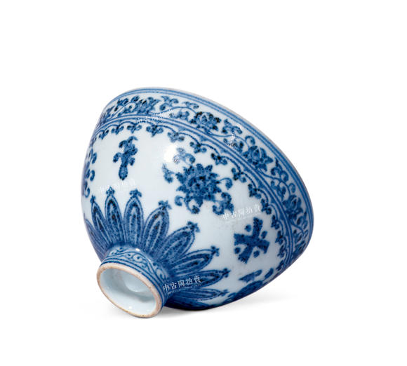中古陶明永樂  青花蘇麻離青料纏枝花卉小雞心碗