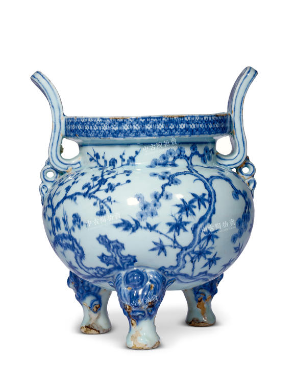 中古陶明永樂 青花松竹梅紋三獸足香爐