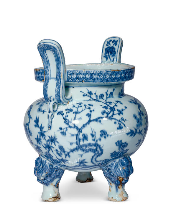 中古陶明永樂 青花松竹梅紋三獸足香爐