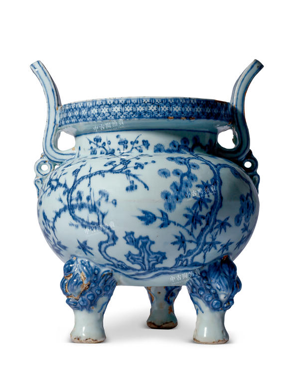 中古陶明永樂 青花松竹梅紋三獸足香爐