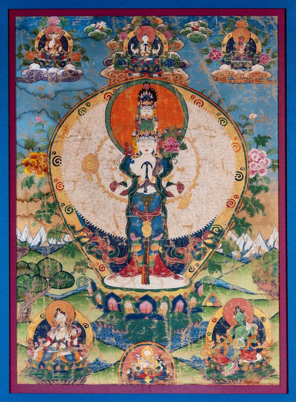 中古陶19世紀(jì) 十一面千手千眼觀音唐卡