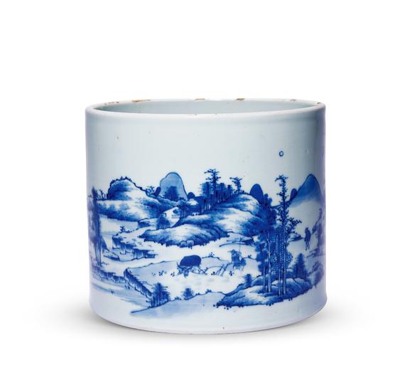 中古陶清雍正 青花耕織圖大筆筒