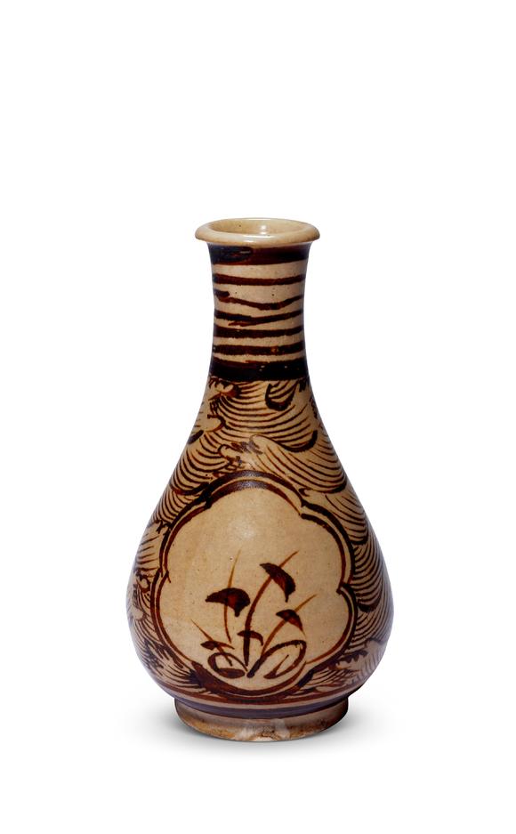 中古陶明 吉州窯開光花草紋膽瓶