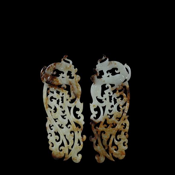 萬領(lǐng)國際漢 白玉鏤雕龍鳳紋佩一對