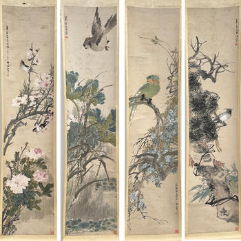 十九世紀(jì)「朱夢(mèng)盧」畫(huà) 花鳥(niǎo)図 四屏