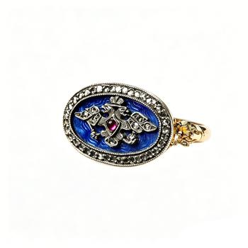 Art Nouveau Fabergé Style Guilloché Enamel Double-Headed Eagle Converted Ring