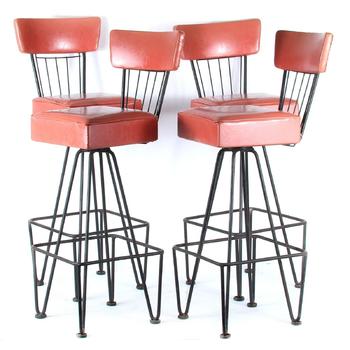 Set of Four Metal-Frame Bar Stools with Leather Upholstery
