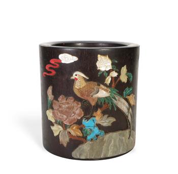 Zitan Multi-Stone Inlaid Pheasant-Peony Brush Pot