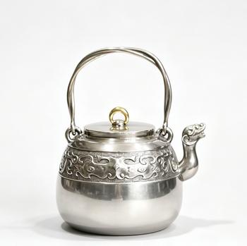 A Pure Silver Kettle with Archaic Kui-Dragon Band and Beast Spout, Marked Zangliu Ju