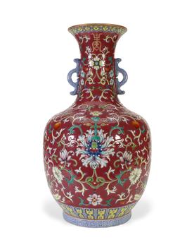 Crimson Ground Famille Rose Dragon-Ear Treasure Flower Vase