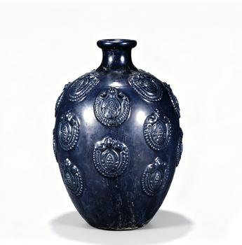 TANG DYNASTY BLUE GLAZE OLIVE VASE WITH APPLIQUé PRECIOUS LOTUS MOTIFS