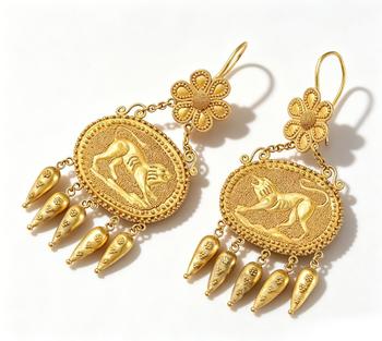A Pair of Roman Imperial Granulated Gold Lion-Embossed Tassel Earrings, Circa